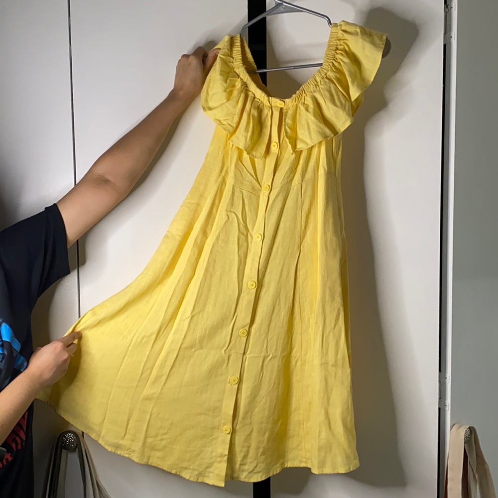 canary yellow off the shoulder dress.